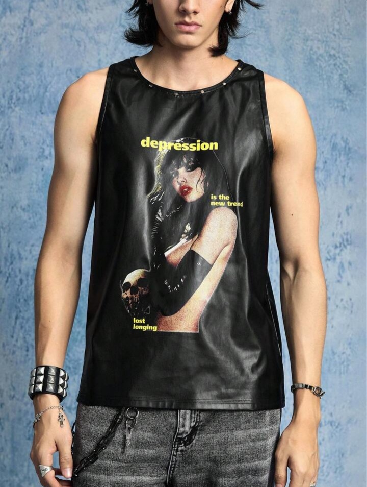 Men's Street Fashion PU Rivet Portrait Tank Top